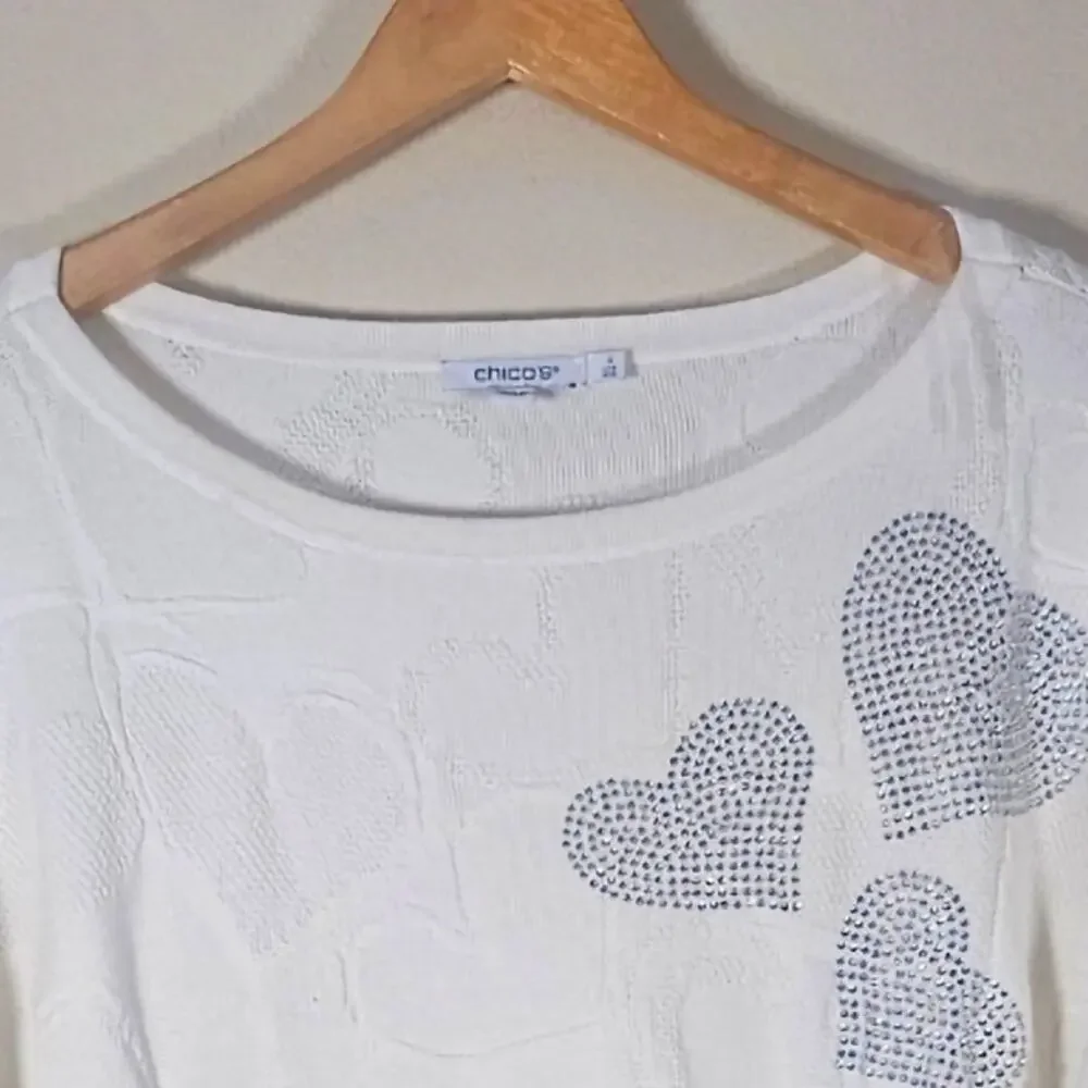 Chico's Embellished Valentine's Day Pullover Sweater Ecru Silver Rhinestones, 4